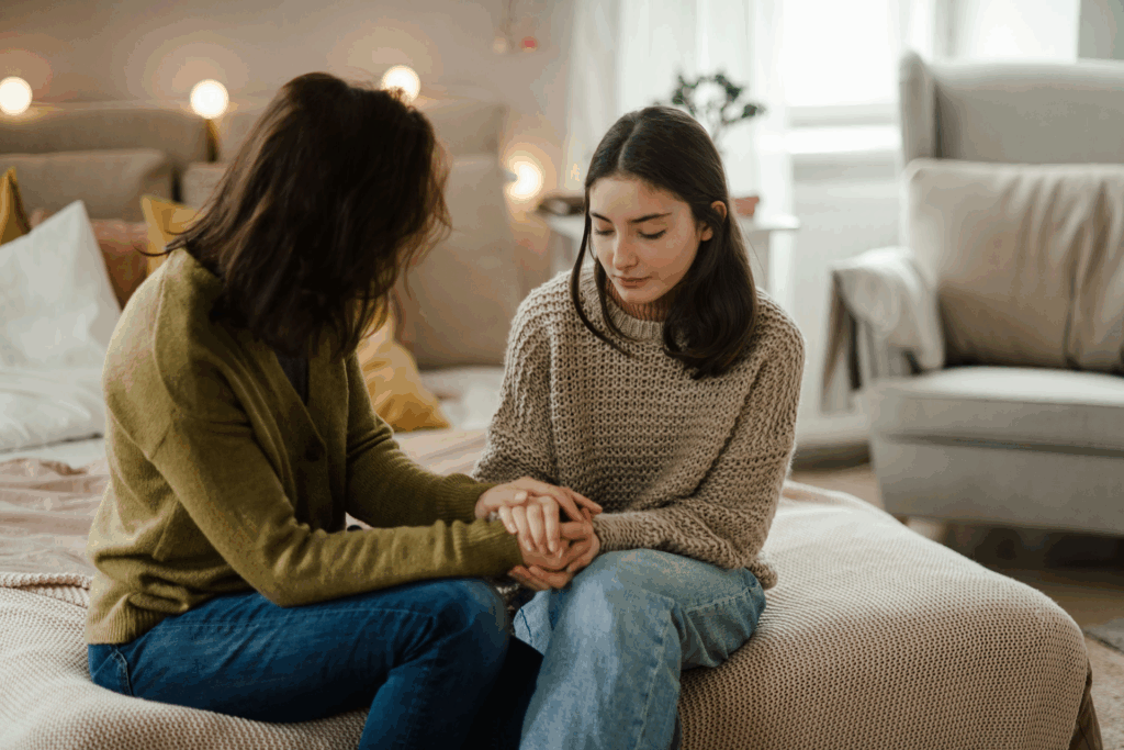 Parent supporting teen through difficult emotions while discussing passive suicidal ideation.